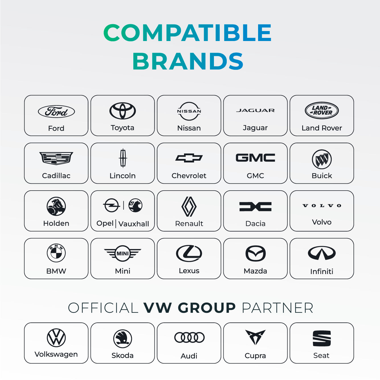 Grid of car manufacturer logos showing brands compatible with Carista, including Ford, Toyota, BMW, and official VW Group partners