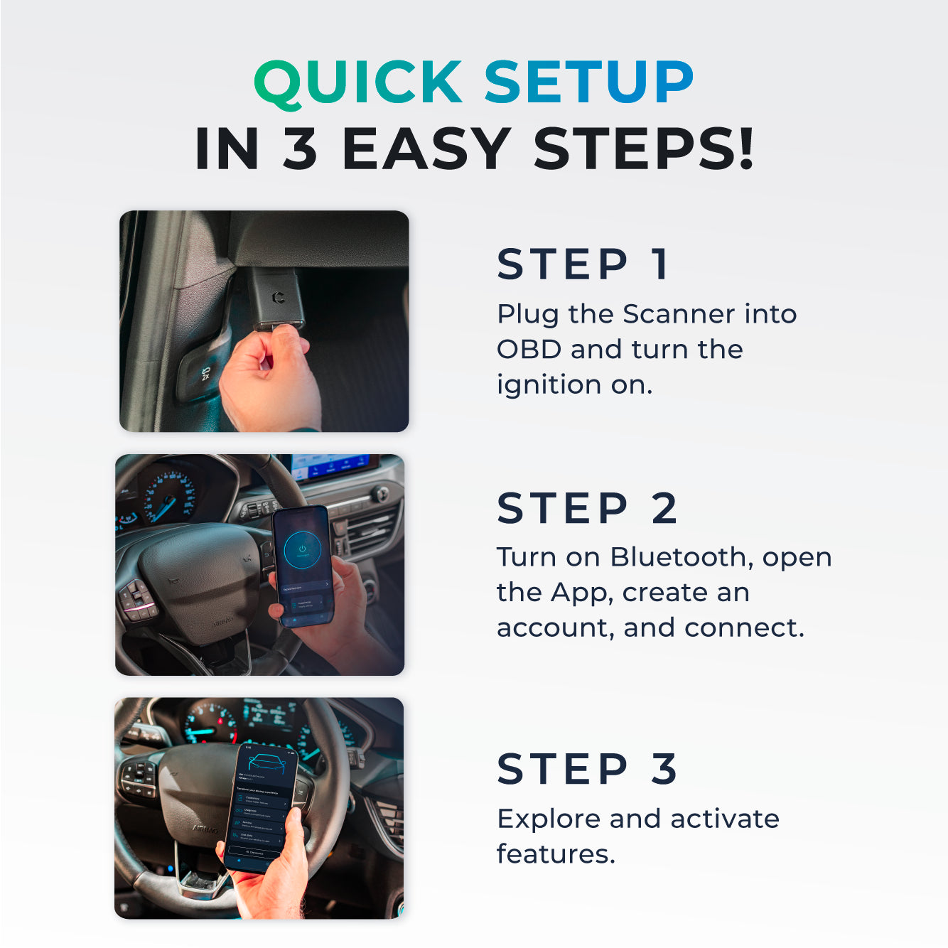 Three-step guide showing how to set up the Carista OBD2 scanner and mobile app