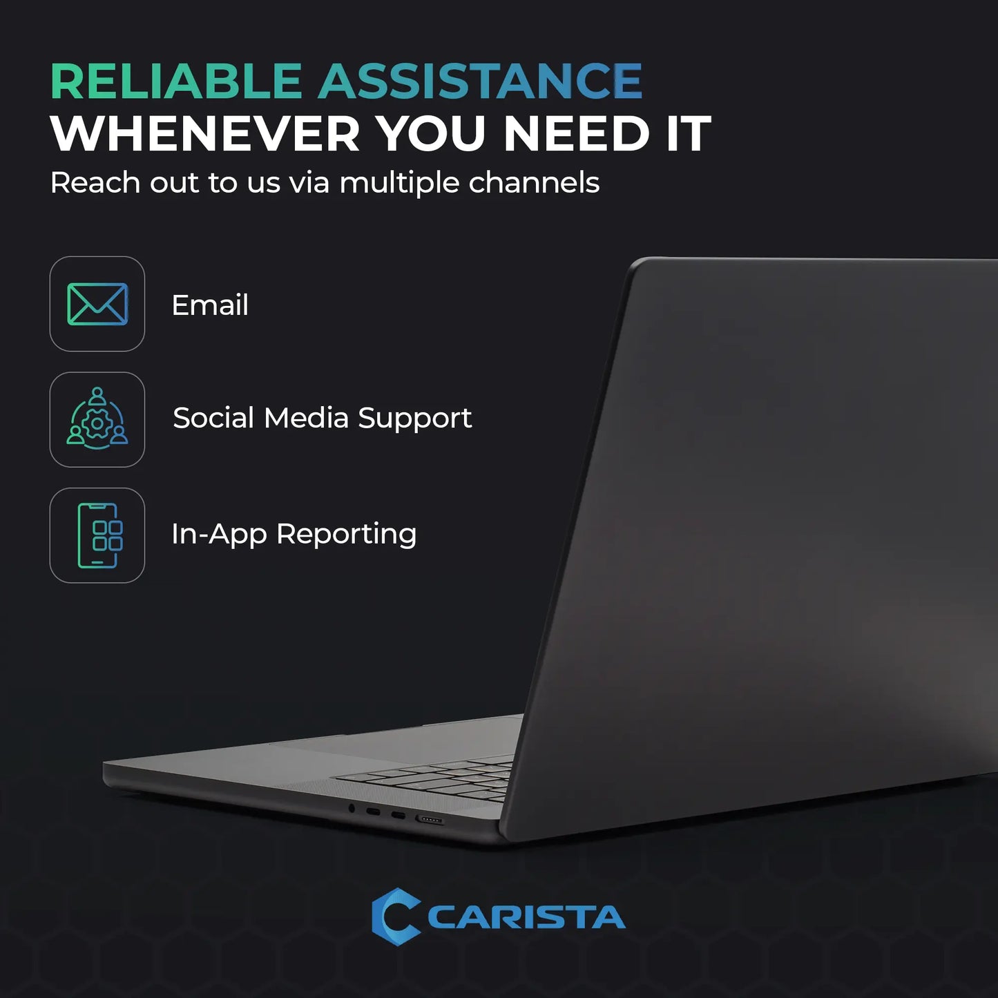 Carista assistance options featuring icons for email, social media support, and in-app reporting. The image includes a modern laptop, reinforcing Carista’s accessibility for customer inquiries