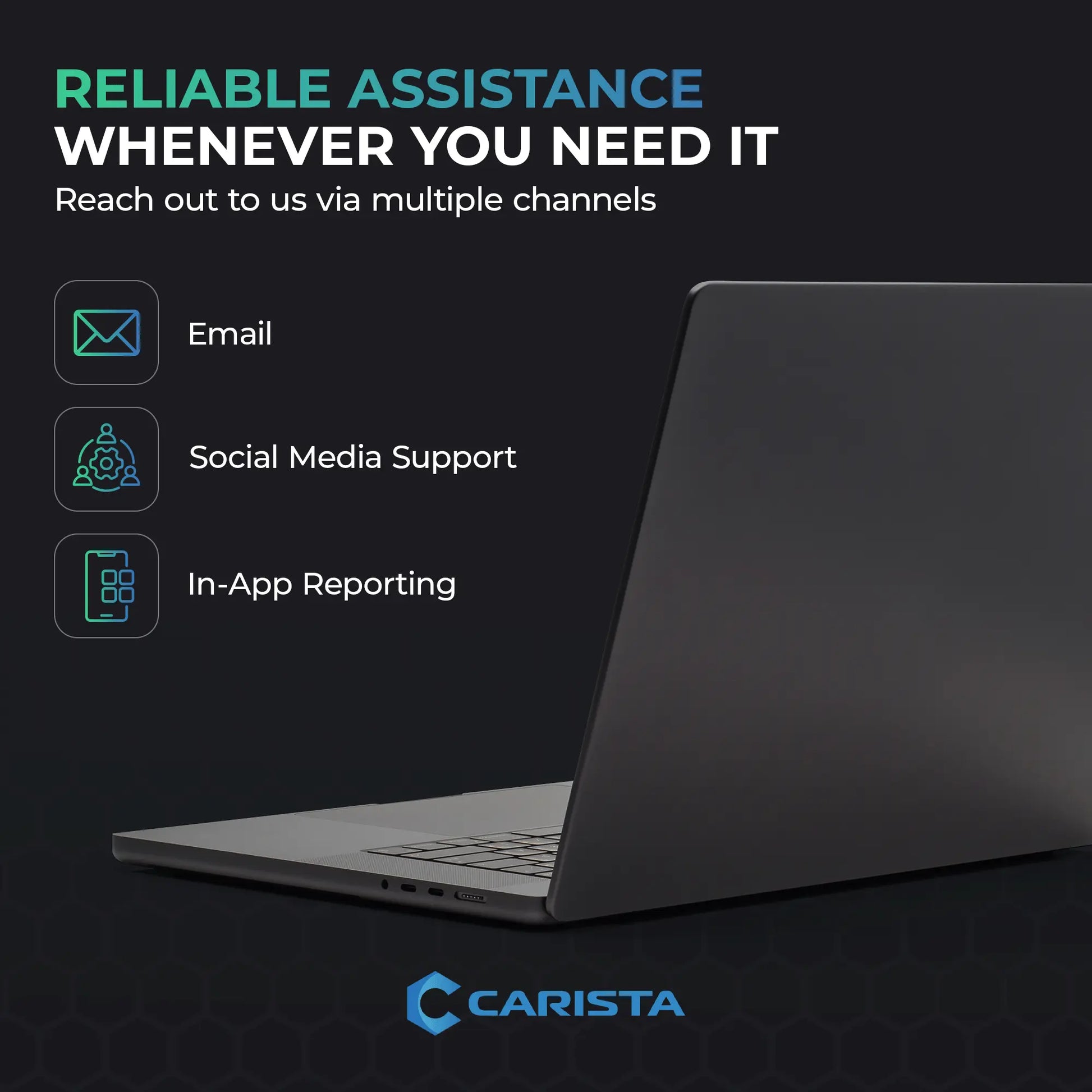 Carista assistance options featuring icons for email, social media support, and in-app reporting. The image includes a modern laptop, reinforcing Carista’s accessibility for customer inquiries