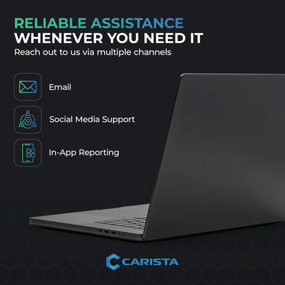 Carista assistance options featuring icons for email, social media support, and in-app reporting. The image includes a modern laptop, reinforcing Carista’s accessibility for customer inquiries