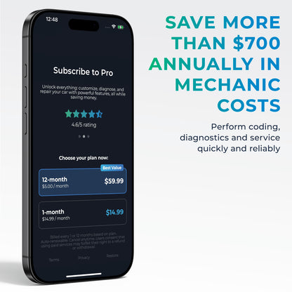 Mobile phone displaying Carista OBD2 App Pro subscription plans with text promoting $700 annual savings on mechanic costs